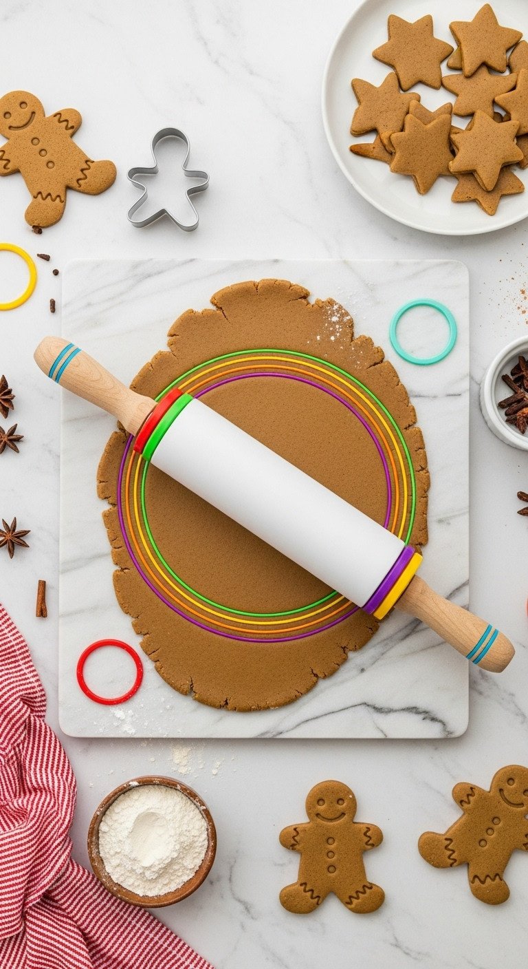 Adjustable rolling pin with thickness guides rolling gingerbread dough on a marble pastry slab