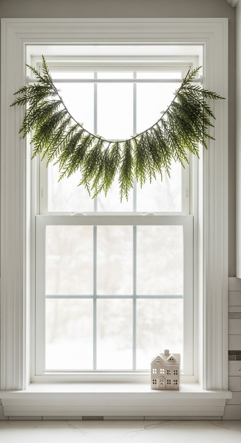 Apartment kitchen window decorated for Christmas with a simple faux cedar garland on a white tension rod and ceramic house