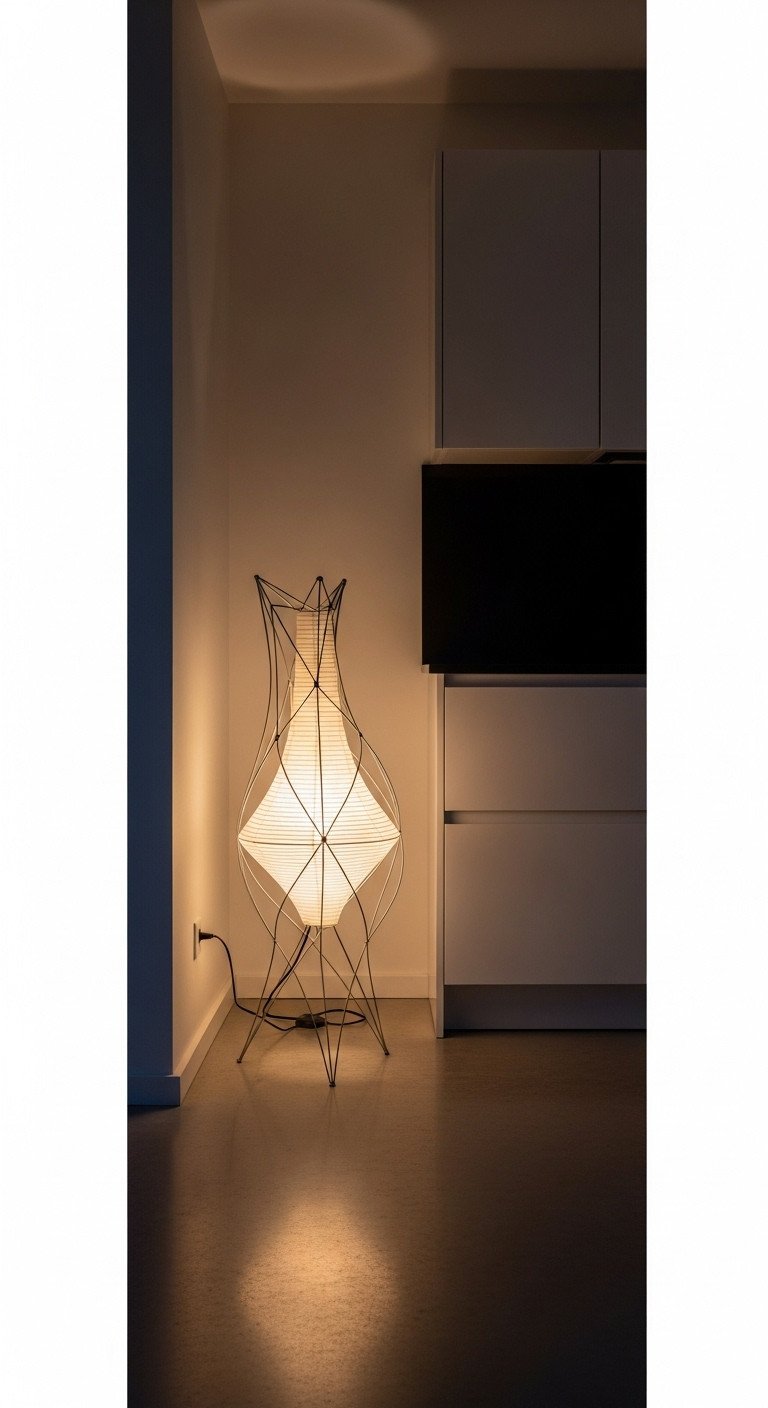 Architecturally clean kitchen with a sculptural Akari style floor lamp emitting warm ambient glow