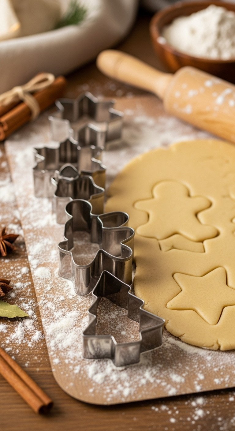 Assortment of festive Christmas cookie cutters on floured wooden surface with rolled-out dough