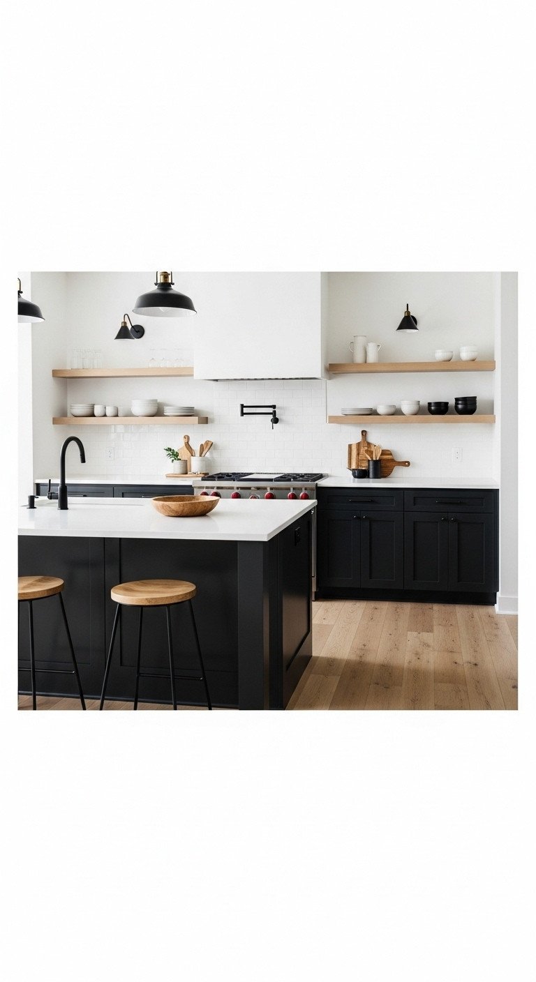 11 Japanese Kitchen Color Schemes For A Tranquil Home 13 Balanced black and white Japandi kitchen with white island black lower cabinetry and warm wood flooring