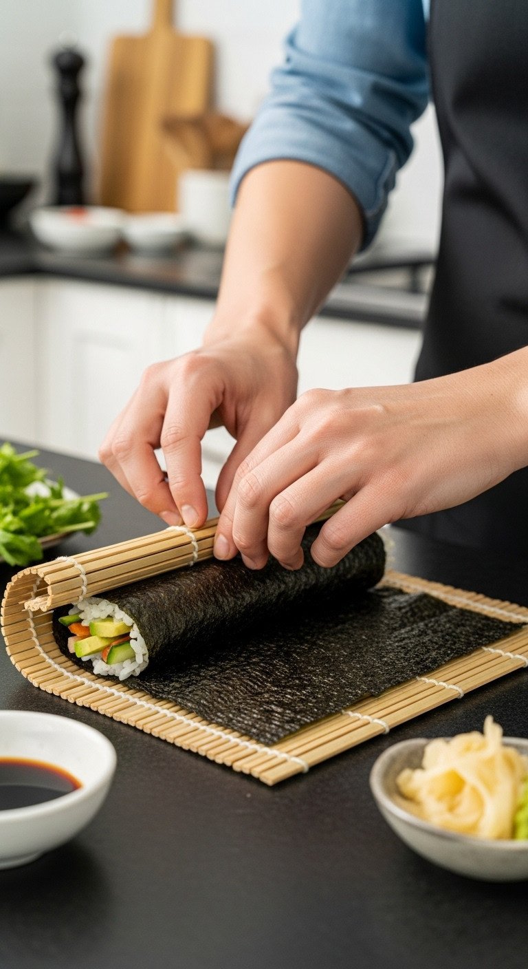Bamboo makisu rolling mat tightly rolling a maki sushi roll with nori rice avocado and cucumber fillings in bright daylight