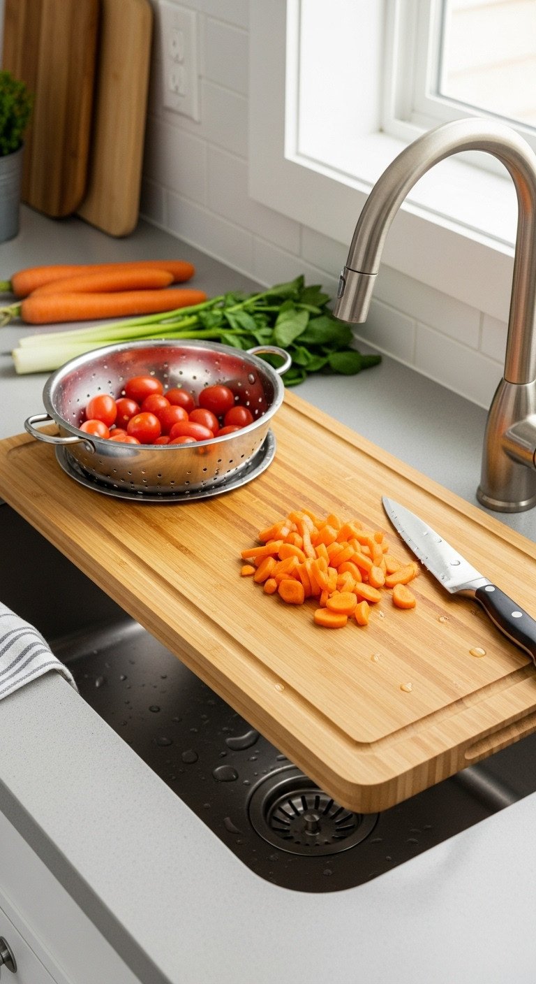 Bamboo over the sink cutting board with built in colander, cherry tomatoes, and chopped carrots next to a knife