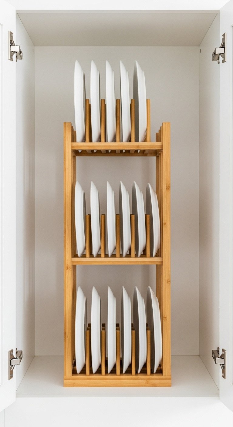 13 Genius Studio Apartment Kitchen Hacks That Save Space 21 Bamboo vertical plate rack organizing eight white ceramic plates in a clean white kitchen cabinet, for easy access. Home decor DIY.