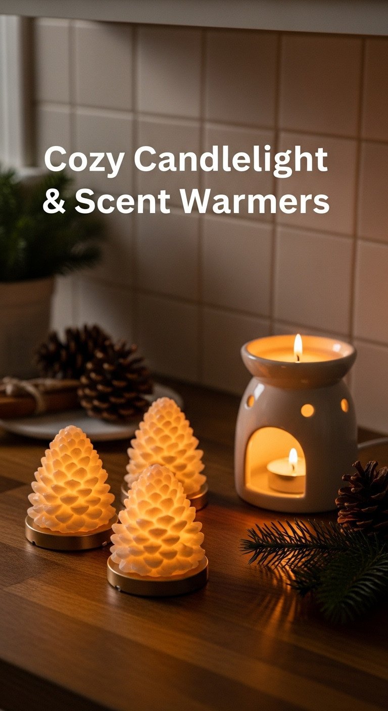Battery-operated pinecone shaped candles flickering with a white ceramic candle warmer on a dark wood kitchen countertop