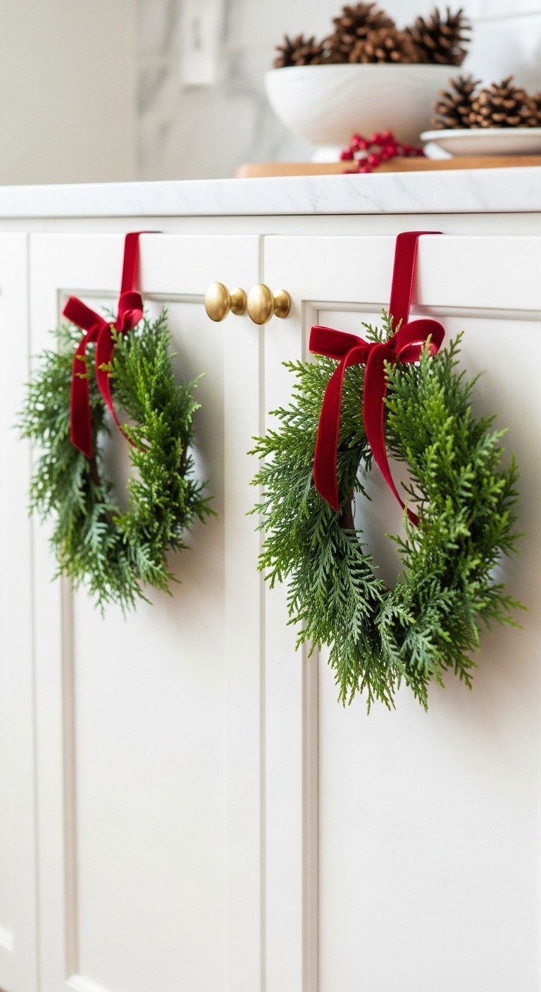 Beautiful Christmas kitchen with classic mini cedar wreaths and red velvet ribbons hanging from white shaker cabinets