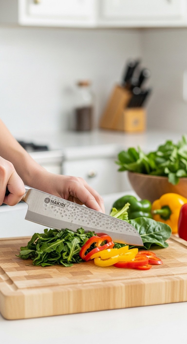 Beautiful Nakiri knife with hammered finish mid-chop on leafy greens and bell peppers on an end-grain cutting board with fresh vegetables