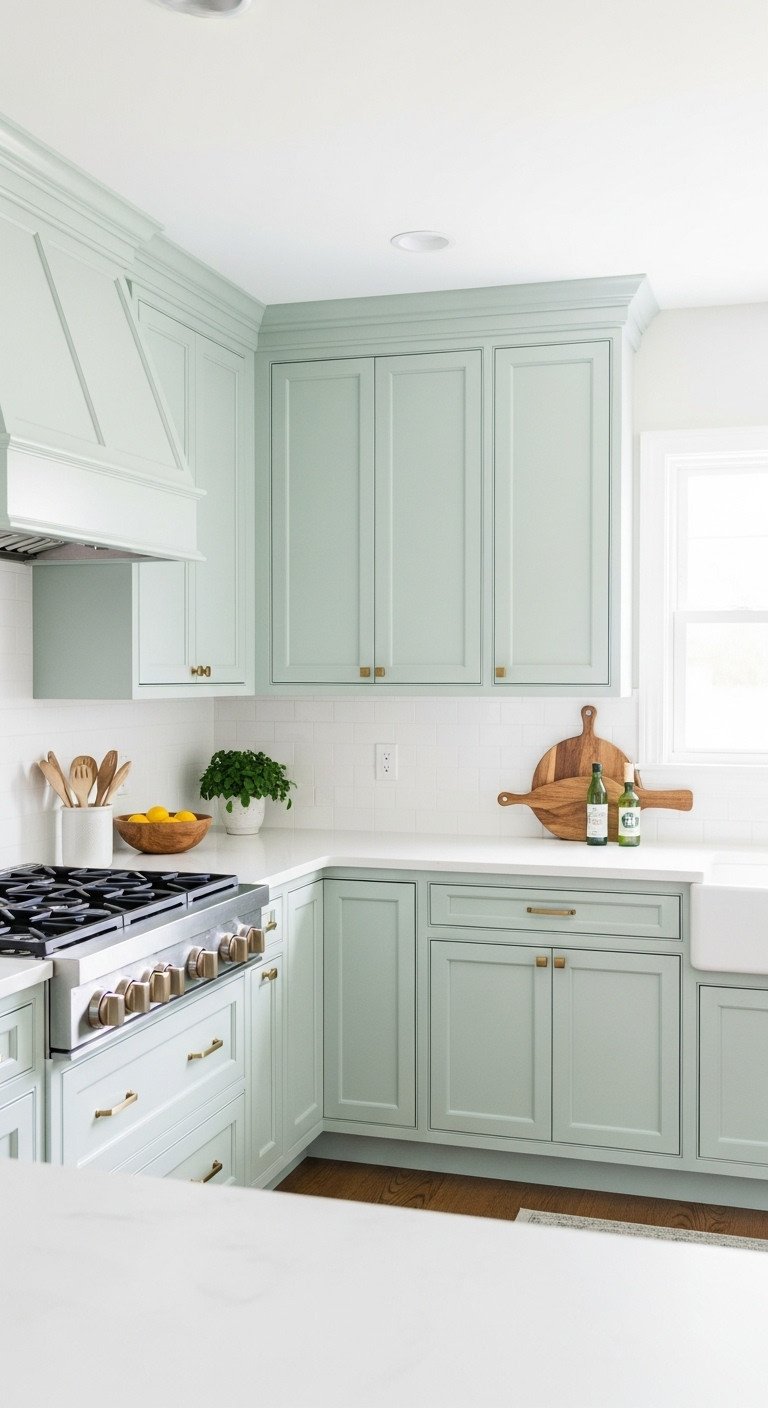 13 Brilliant Galley Kitchen Ideas To Maximize Your Space 15 Beautiful galley kitchen with freshly painted soft sage green cabinets, brushed gold hardware, and white countertop.