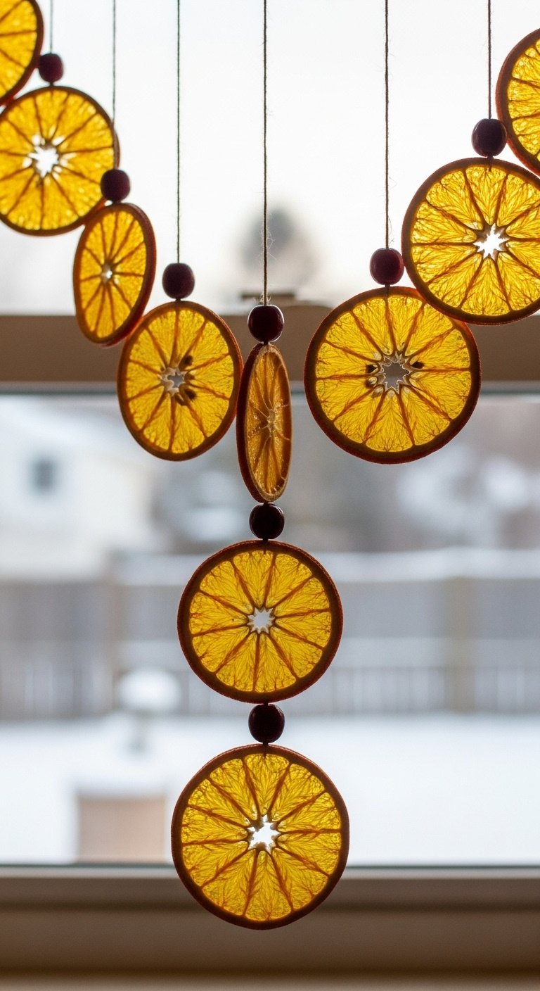 Beautiful handmade dried orange slice and cranberry garland glowing in a kitchen window, backlit by afternoon sun.