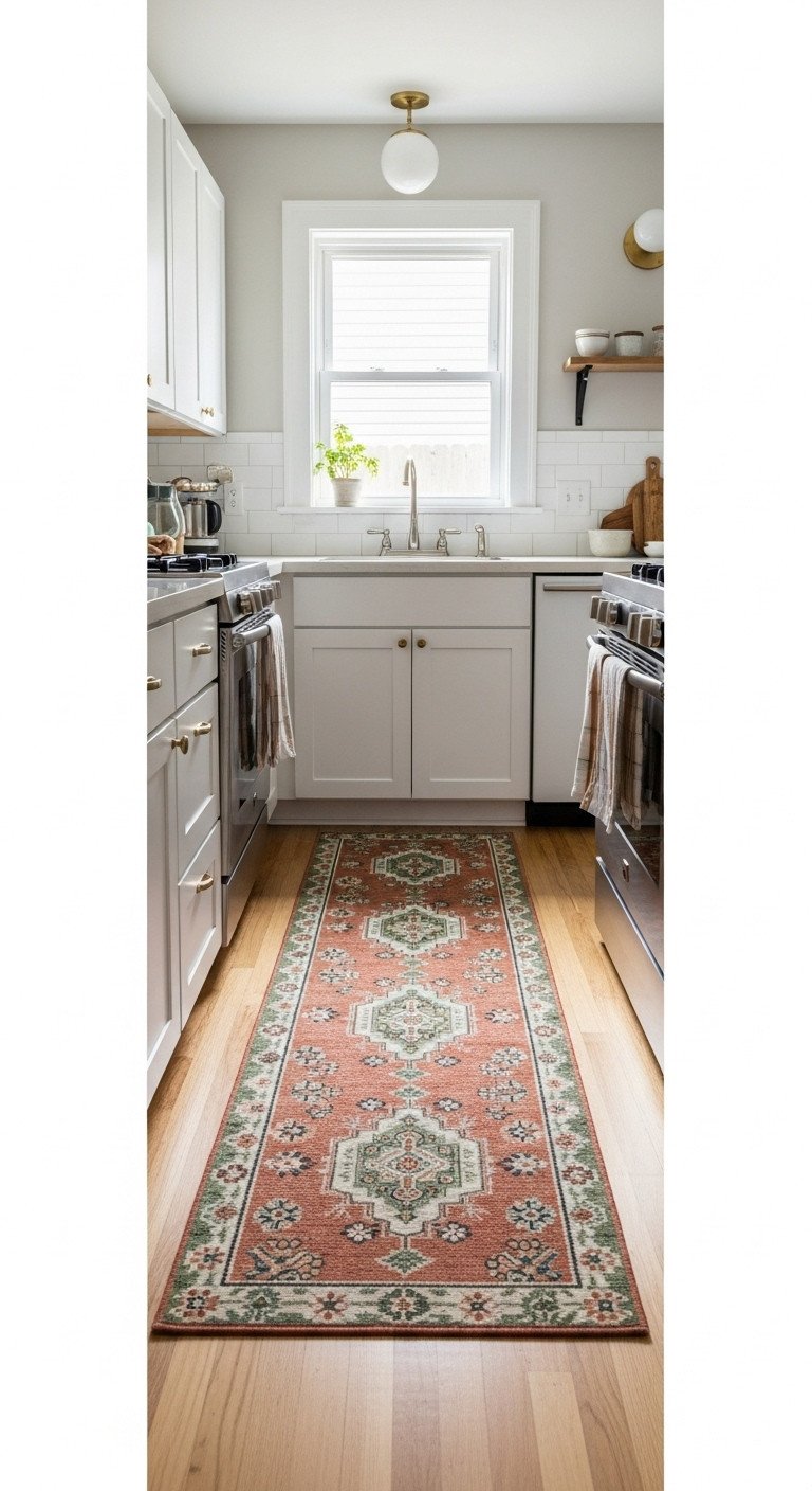 Beautiful small galley kitchen with a colorful patterned washable runner rug on light wood floors and simple white cabinets