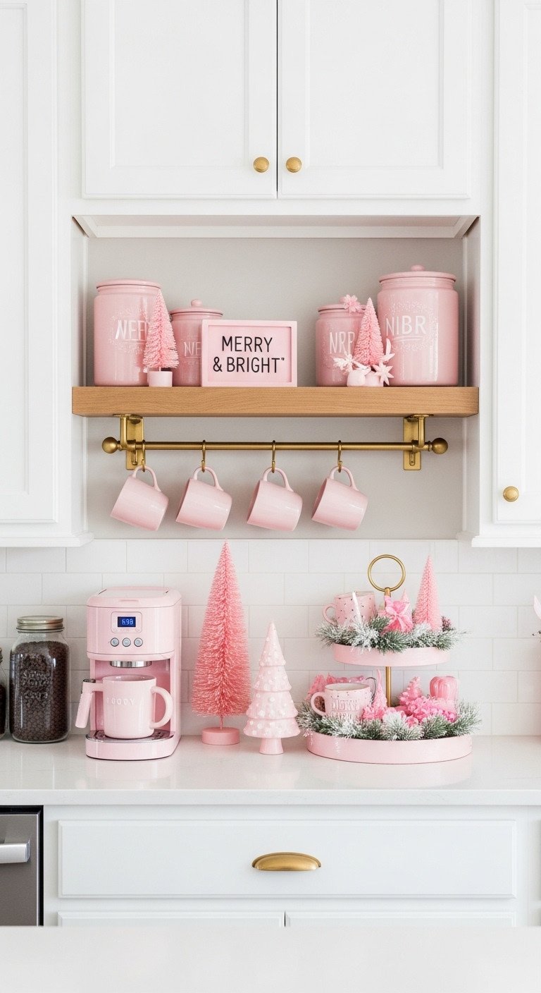 Beautifully decorated pink wonderland coffee bar nook with a small pink tree and pink mugs