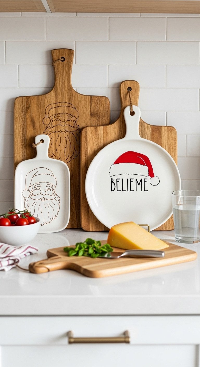 Beautifully displayed Santa-themed wooden cutting boards and ceramic serving platters with fresh herbs on a white kitchen counter.