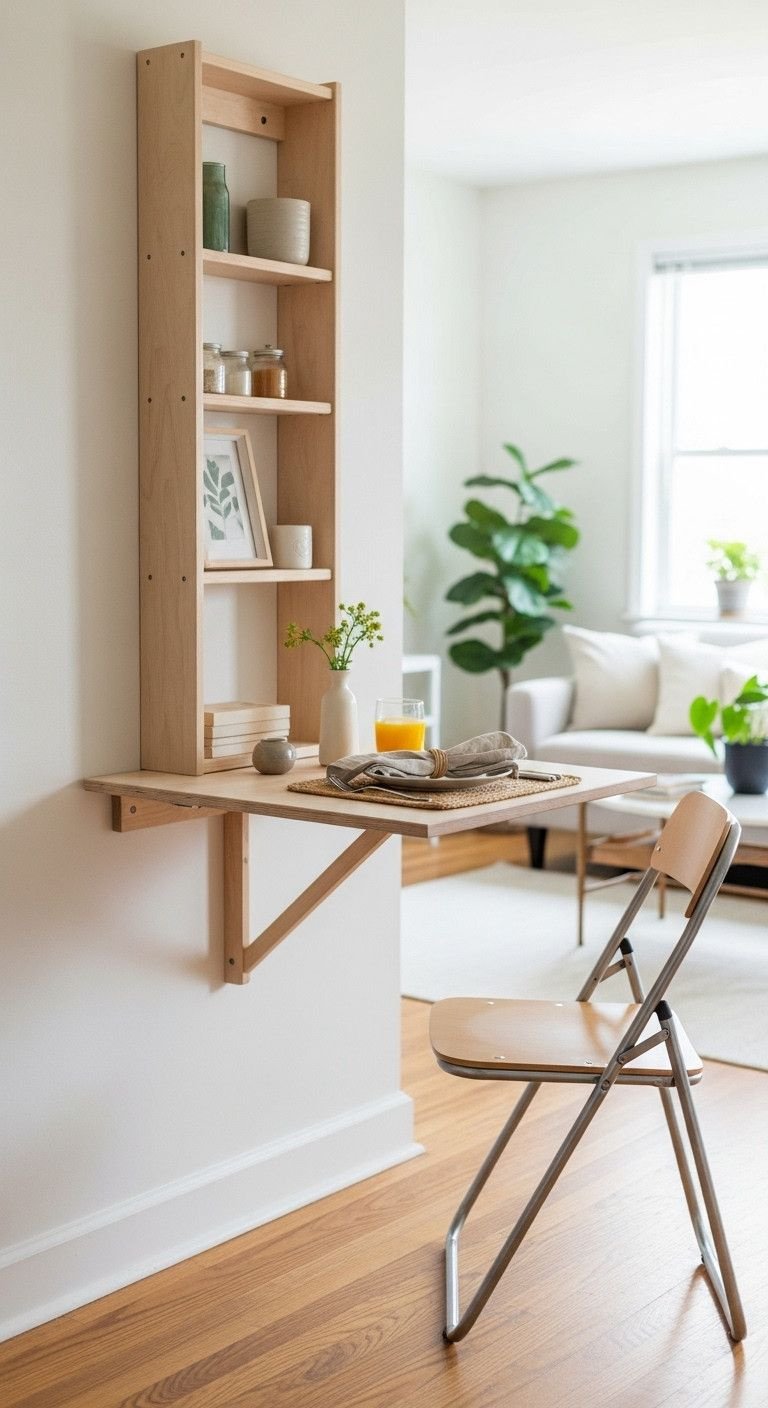 Small Studio Apartment Kitchen Designs That Actually Work 17 Birch wall-mounted drop-leaf table set for one, plate, napkin, juice. Folding chair. Efficient studio apartment dining.