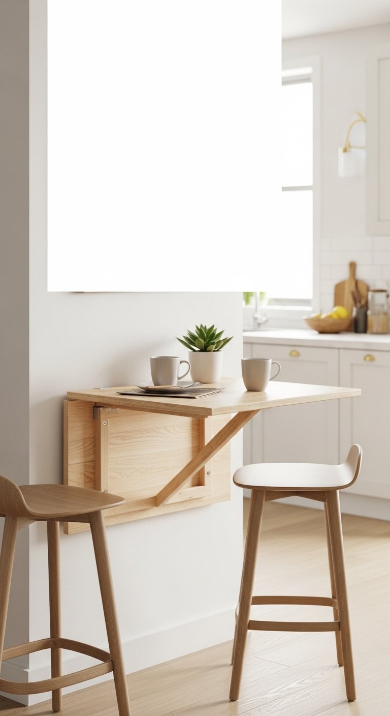 9 Open Concept Kitchen Ideas To Maximize Your Apartment Space 12 Birch wood wall-mounted drop-leaf table, two modern stools on white wall. Bright apartment dining space.
