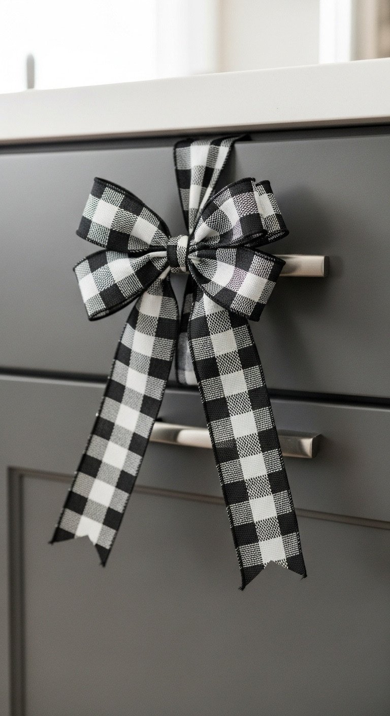 11 Cozy Christmas Kitchen Ideas That Feel Truly Magical 18 Black and white buffalo check bow on silver cabinet handle. Modern farmhouse kitchen decor with dark gray cabinets.