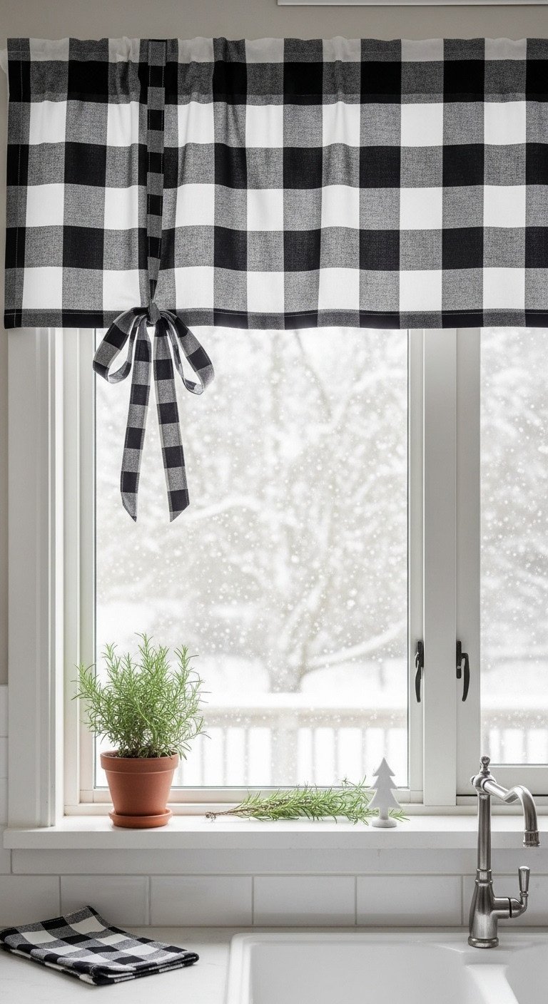 Black and white buffalo plaid valance frames snowy kitchen window. Cozy Christmas decor with rosemary & fairy lights, daylight.