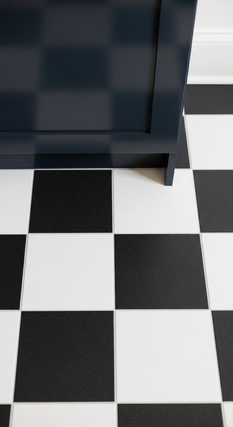 Black and white patterned vinyl floor tile, checkerboard style. Matte black cabinet edge. Modern kitchen floor decor.