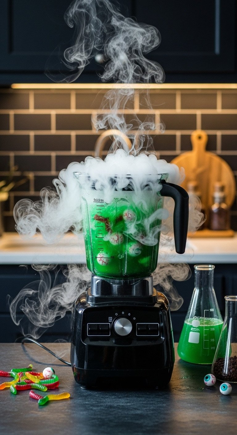 Black blender filled with bubbling green punch and dry ice smoke resembling a witch's cauldron