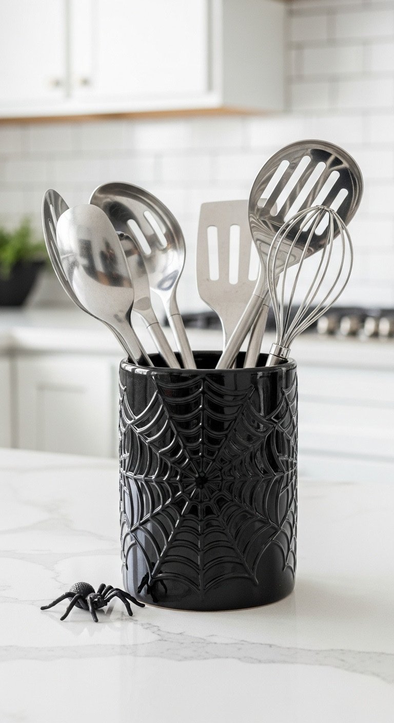 Black ceramic or metal utensil holder with intricate spider web pattern filled with modern stainless steel kitchen tools