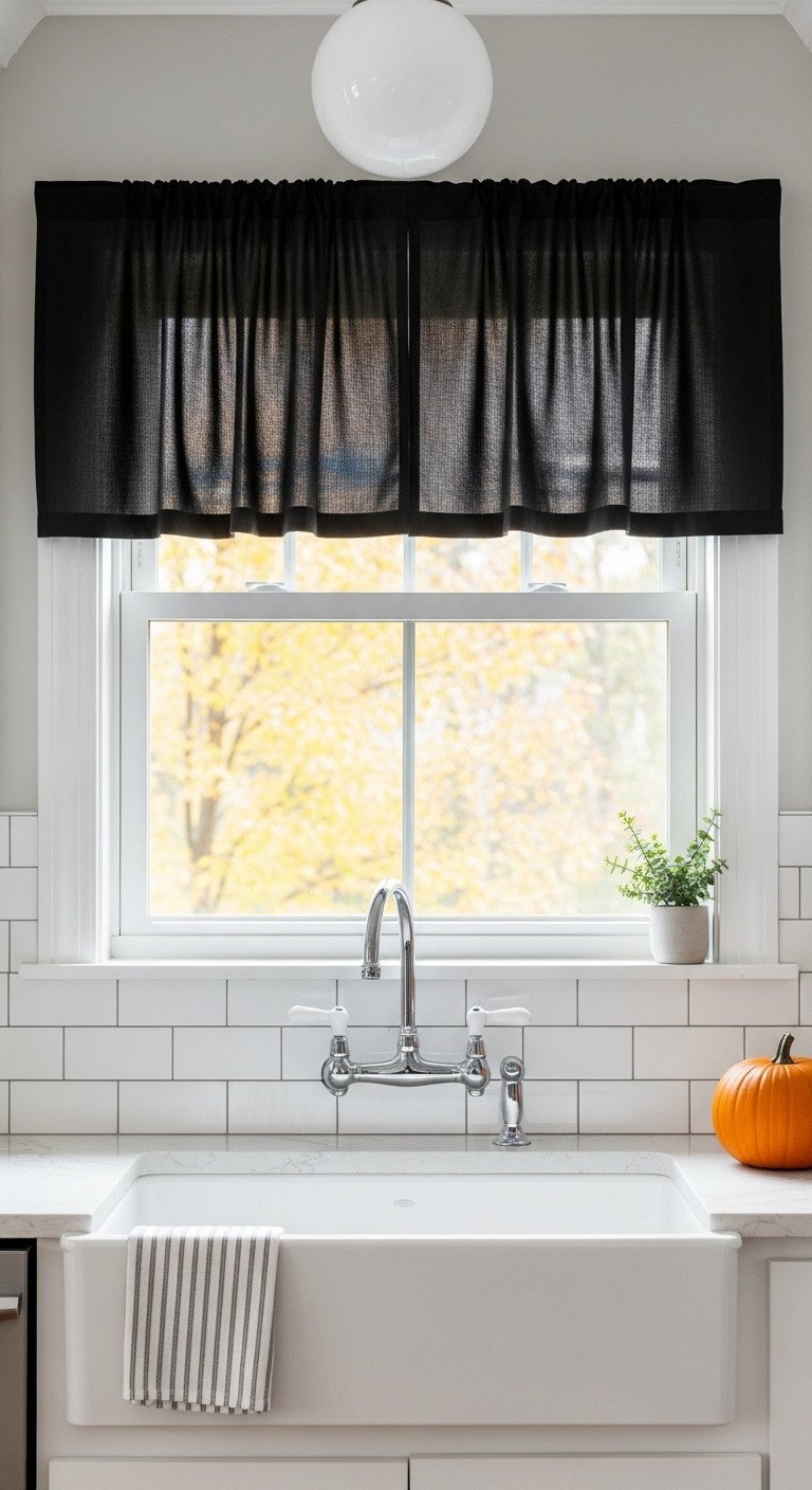 Black cotton cafe curtains in a brightly lit kitchen window with a soft bokeh background