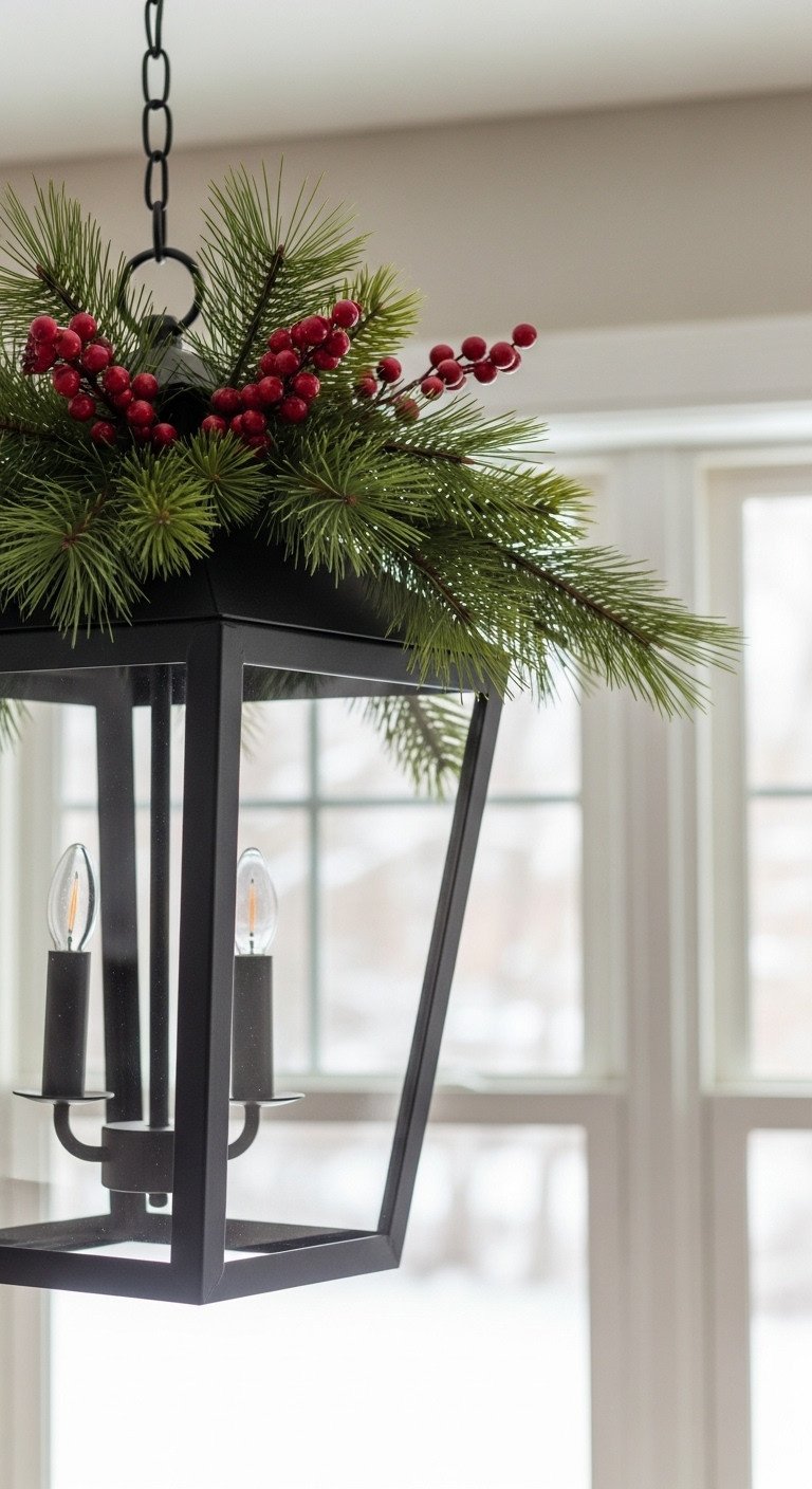 Black lantern kitchen pendant light adorned with faux pine sprigs and vibrant red berries. Cozy winter holiday kitchen decor.