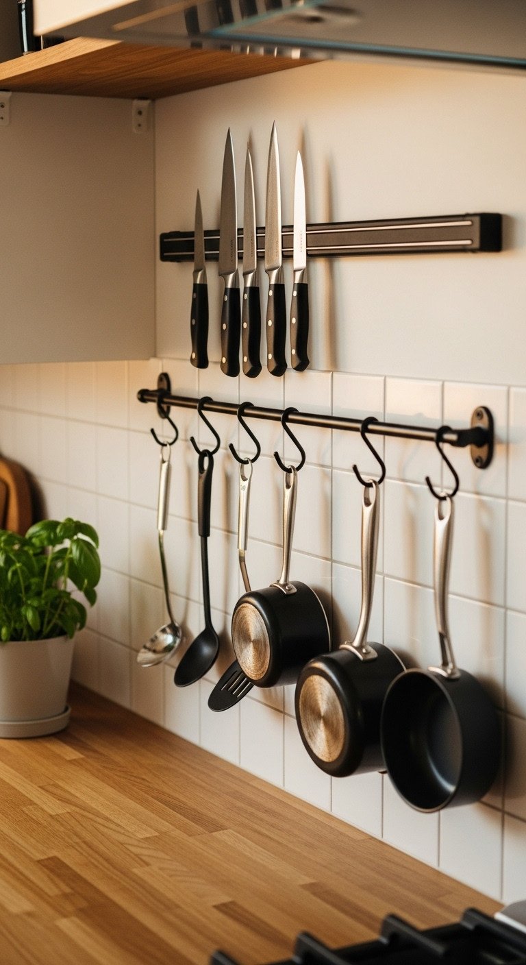 9 Open Concept Kitchen Ideas To Maximize Your Apartment Space 7 Black magnetic knife strip, metal rail for pots/utensils above butcher block counter. White tile backsplash.