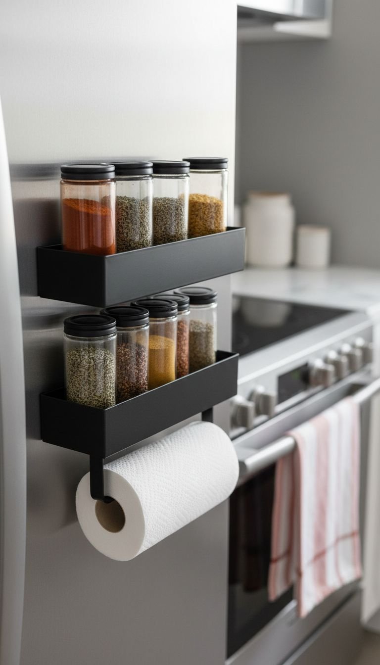 Black magnetic spice rack on stainless steel refrigerator, organizing glass jars. Modern kitchen storage for spices.