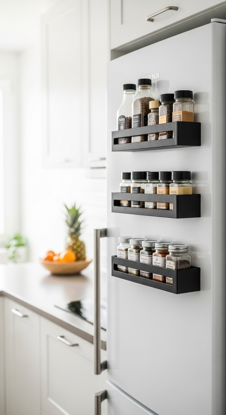 Black magnetic spice rack with minimalist jars on a white refrigerator, offering smart organization for small apartment kitchens.