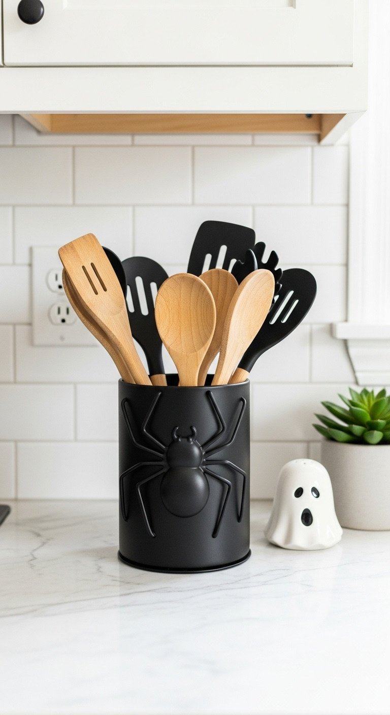 Black metal spider utensil holder on kitchen countertop