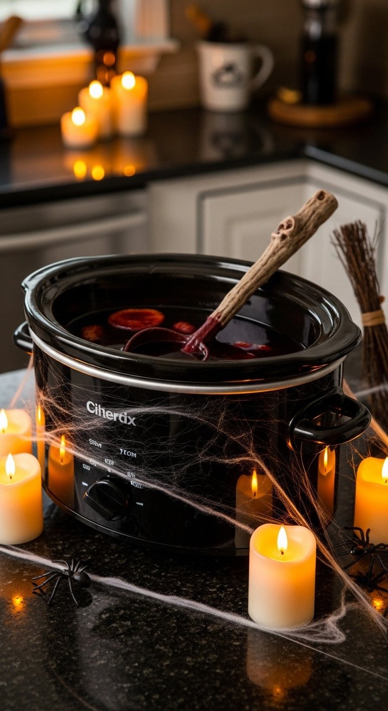 Black oval slow cooker transformed into a witch's cauldron filled with dark red punch surrounded by flickering LED candles