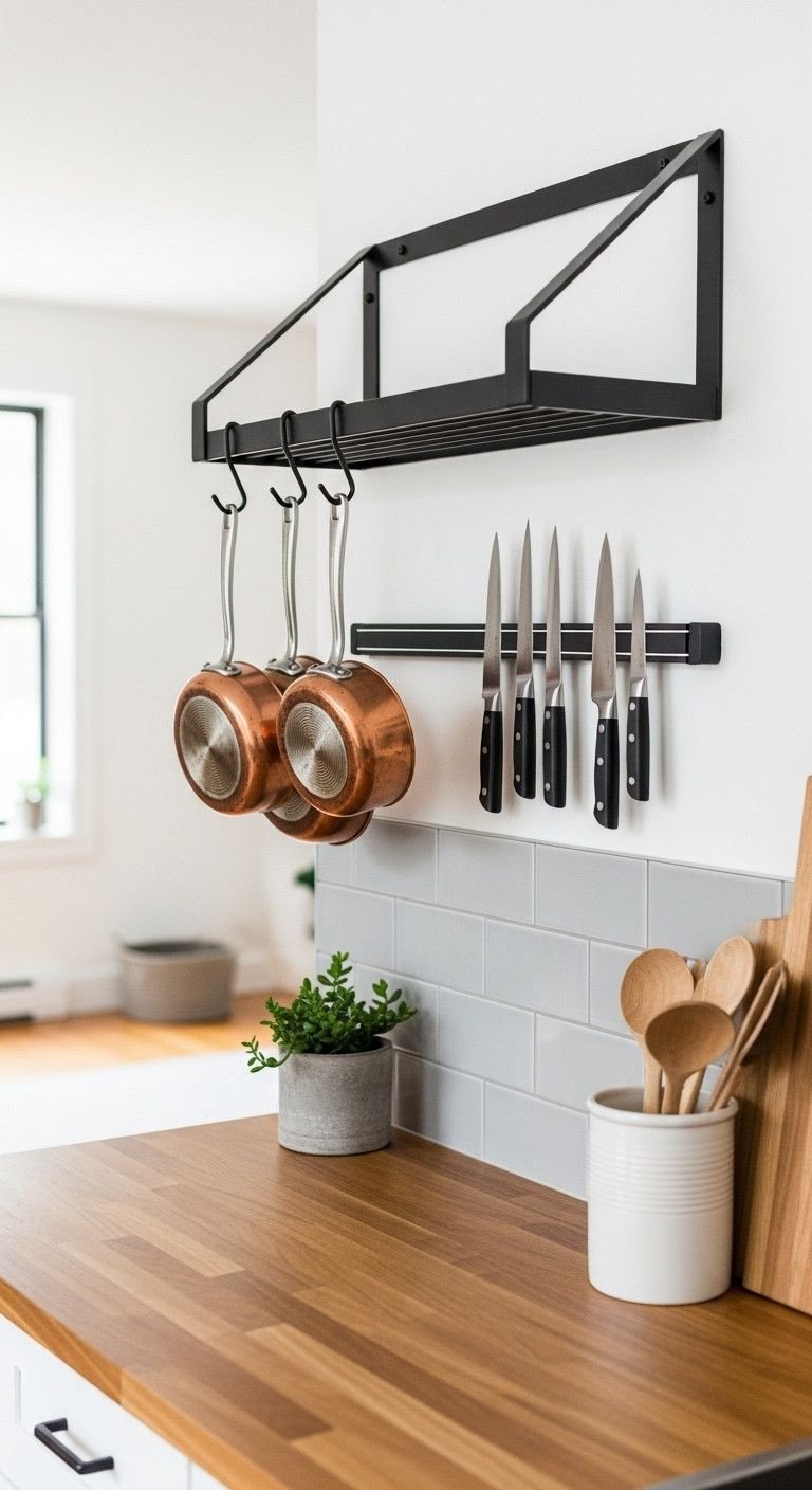 Small Studio Apartment Kitchen Designs That Actually Work 1 Black pot rack, copper pans, magnetic knife strip, chef knives above butcher block counter in modern studio kitchen. Home organization.