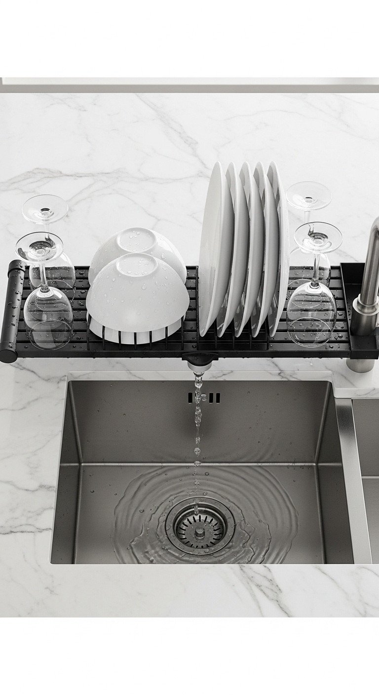 11 Smart Apartment Kitchen Organization Ideas For Renters 17 Black roll-up dish drying rack over a stainless steel kitchen sink, holding ceramic plates and wine glasses, saving counter space.