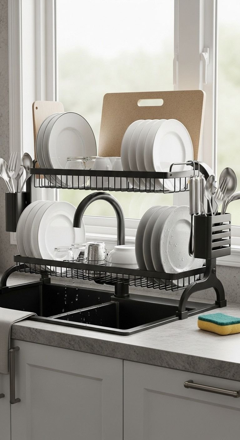 Black stainless steel over-the-sink dish drying rack filled with white dishes, utensils, cutting board, in a modern kitchen.