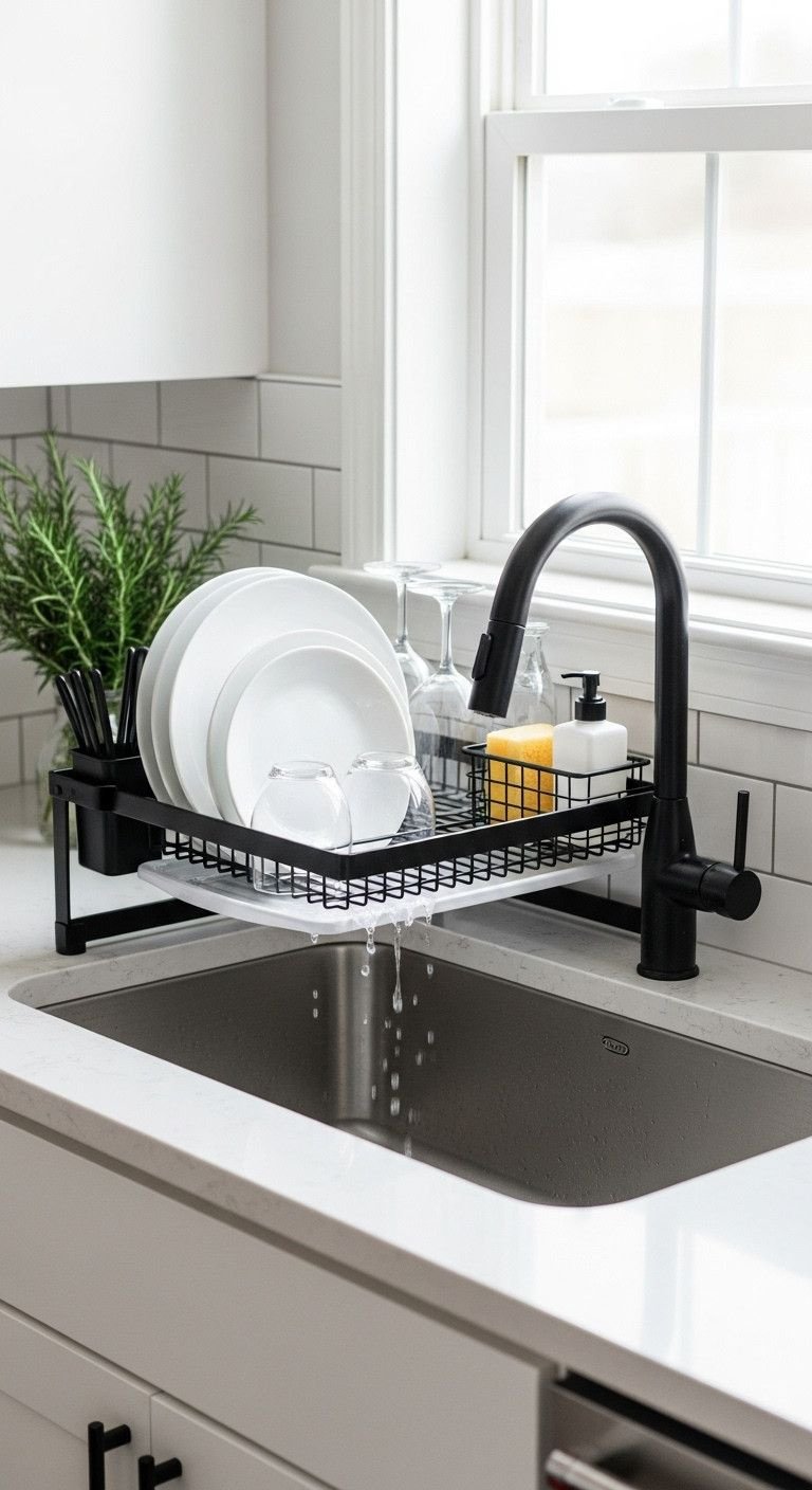 Small Studio Apartment Kitchen Designs That Actually Work 5 Black stainless steel over-the-sink dish rack, plates, wine glasses, sponge, soap. Clean modern kitchen organization.