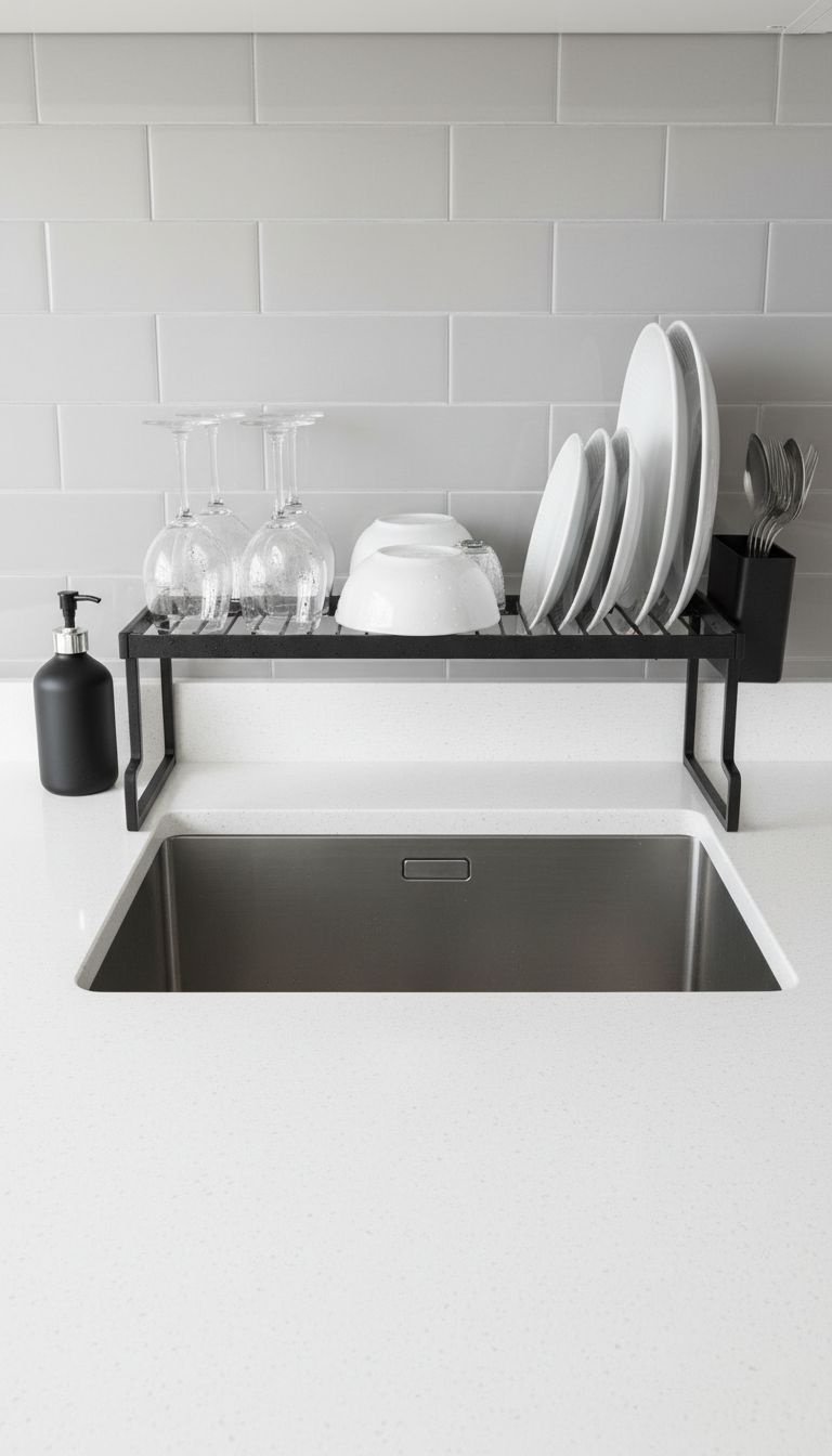 Black stainless steel over-the-sink dish rack with drying dishes, glasses, and utensils. Modern kitchen organization.