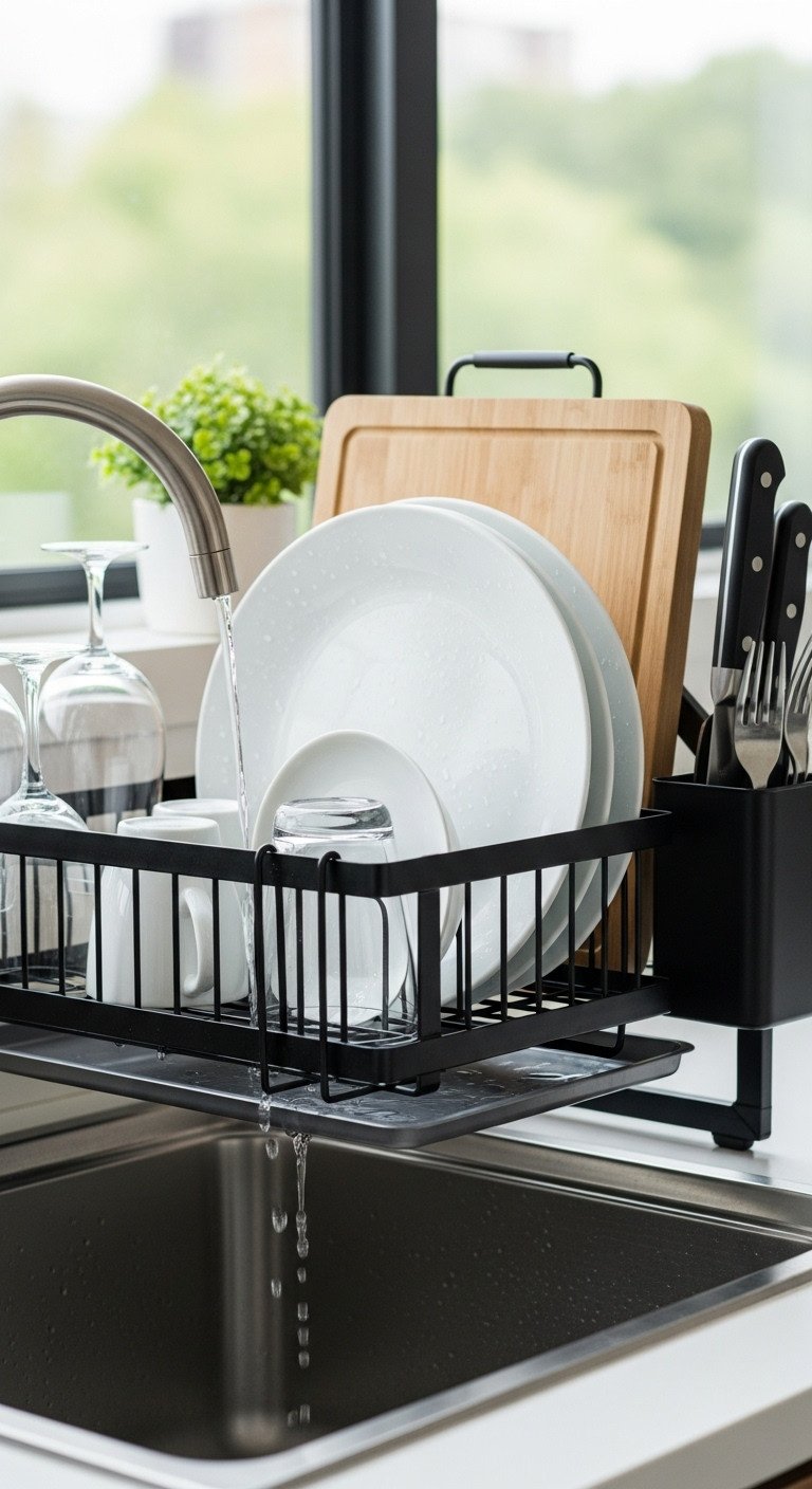 11 Brilliant Apartment Kitchen Layout Ideas For Small Spaces 7 Black stainless steel over-the-sink dish rack with white dishes, wine glasses, and cutting board. Modern kitchen organizer.