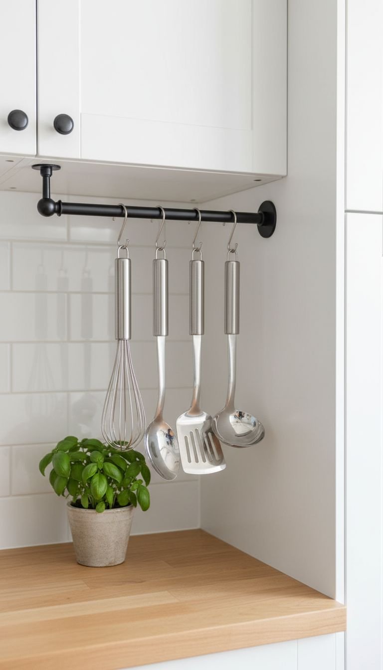Black tension rod with S-hooks holding stainless steel utensils above kitchen counter. Clever no-drill storage.