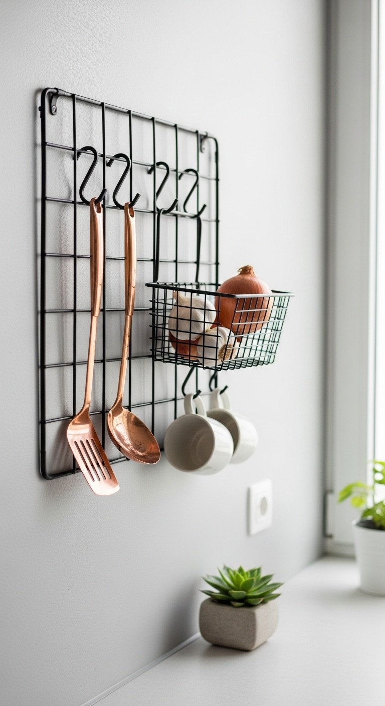 11 Brilliant Apartment Kitchen Layout Ideas For Small Spaces 1 Black wire kitchen wall grid with copper utensils, garlic, and white mugs on a light gray wall. Modern apartment kitchen organization.