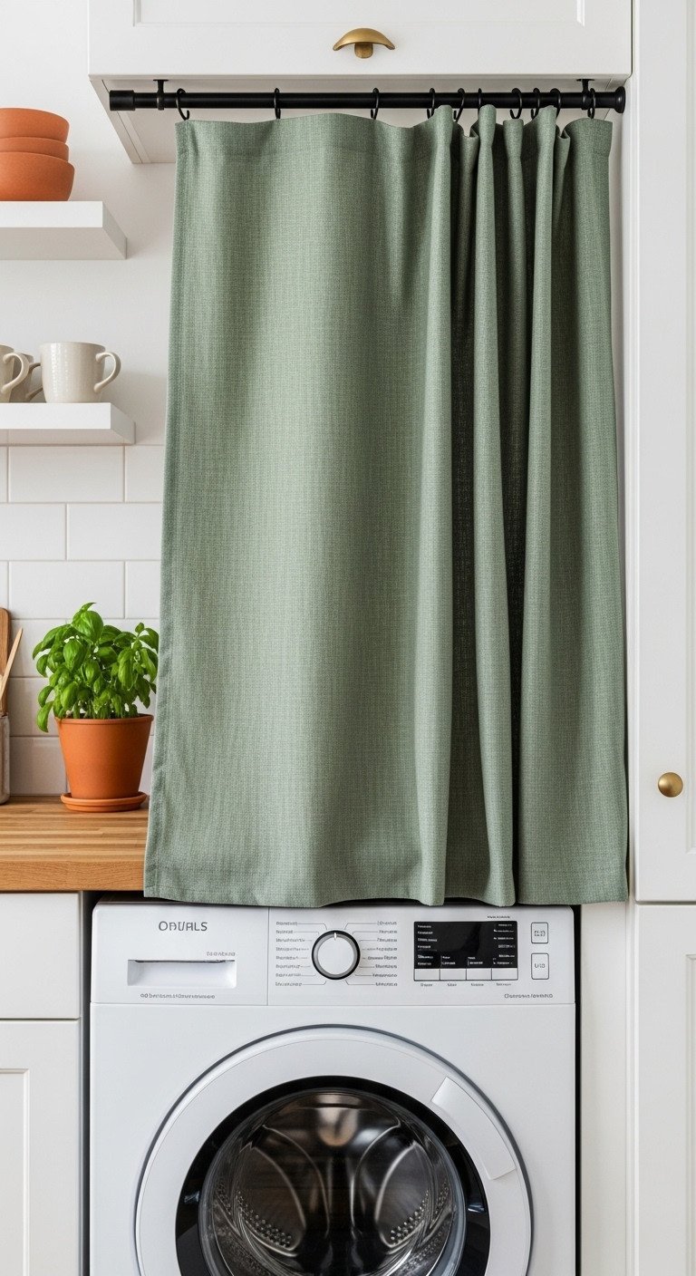 Bohemian kitchen with front-loading washing machine tucked under butcher block, elegantly hidden by a sage green linen curtain. Basil plant.