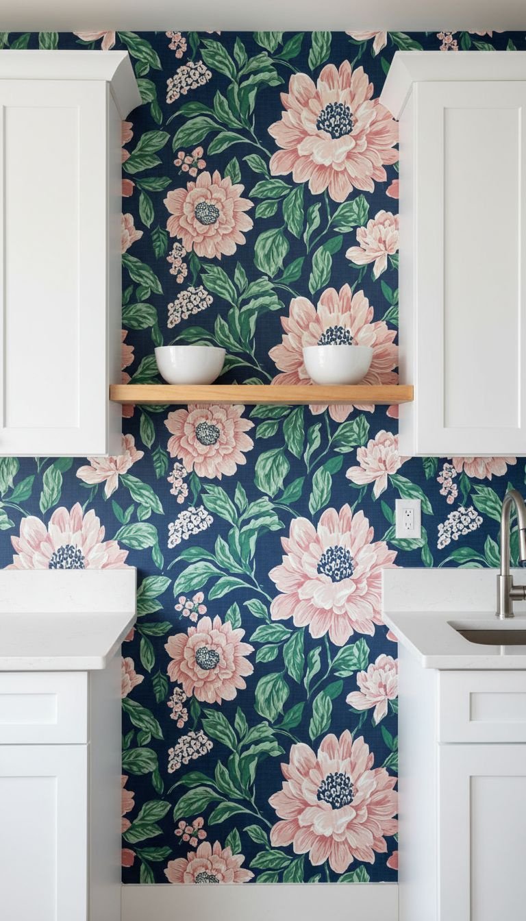 Bold floral peel-and-stick wallpaper accent wall in apartment kitchen with floating shelf and white bowls. DIY home decor.