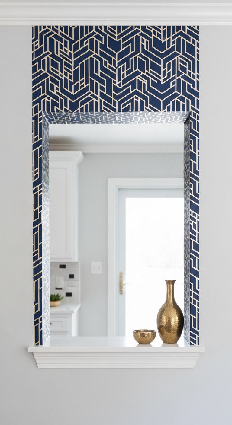 Bold kitchen pass-through with geometric peel-and-stick wallpaper in navy and gold. Elegant brass vase. DIY home decor idea.