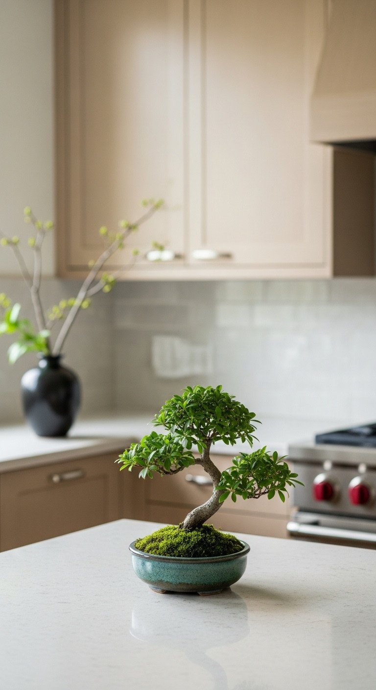 Bonsai tree in mossy ceramic pot and ikebana arrangement on a minimalist kitchen island