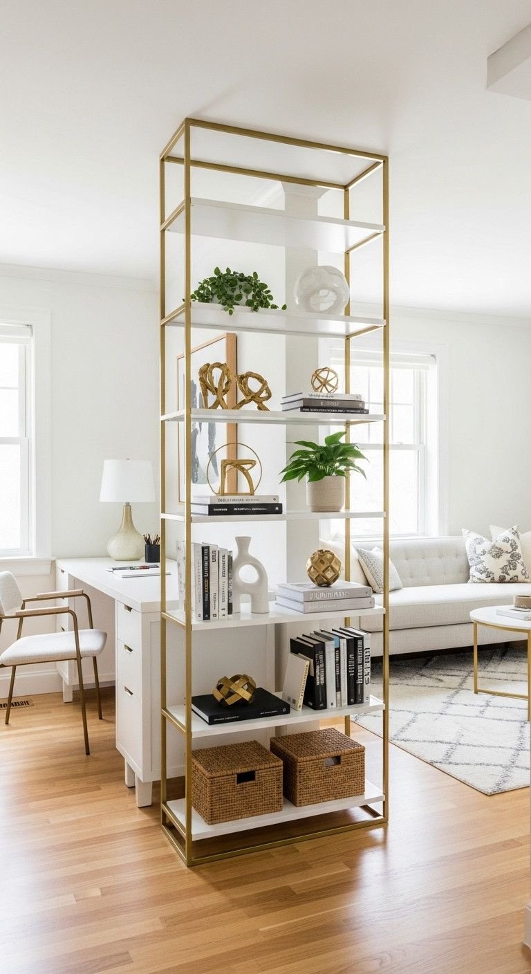 13 Genius Open Concept Apartment Ideas To Create Perfect Flow 23 Bookcase room divider separates home office nook from living area in open concept apartment. Maximizes space.