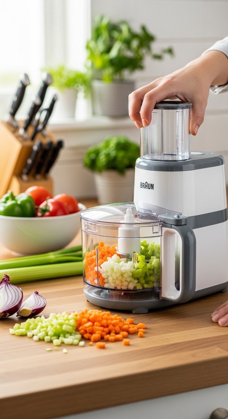 Braun compact food processor actively chopping carrots celery and onions on a butcher block countertop