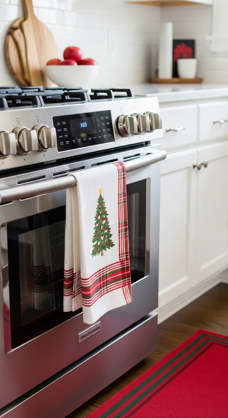 Bright Christmas kitchen festive plaid kitchen towel oven handle matching runner rug red apples stainless steel appliances