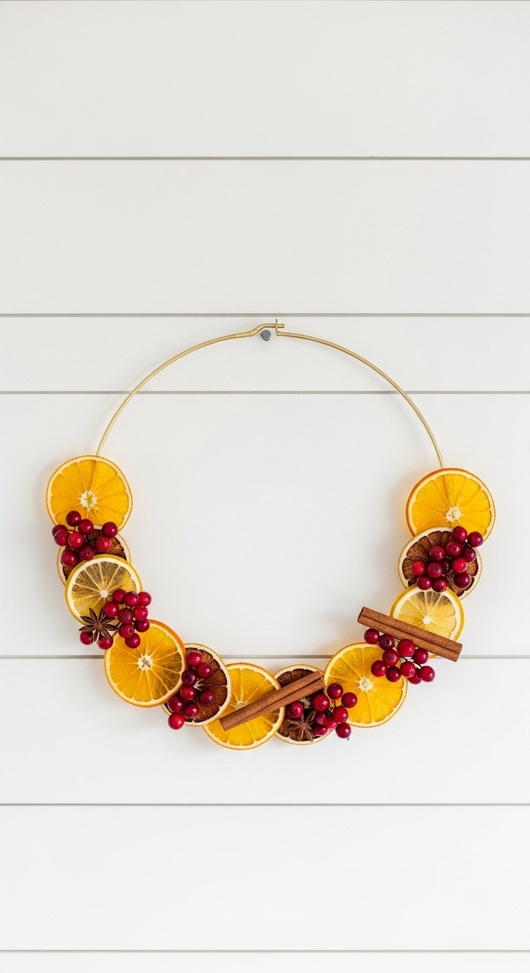 Bright Christmas kitchen with natural dried citrus and cranberry wreath on a thin gold hoop hanging on white shiplap wall
