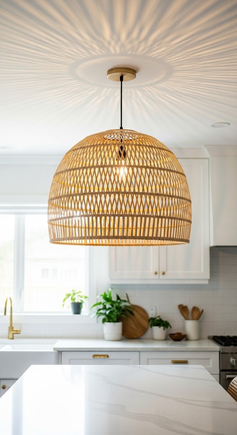Bright Japandi kitchen with a large bamboo weave pendant light over a light quartz island