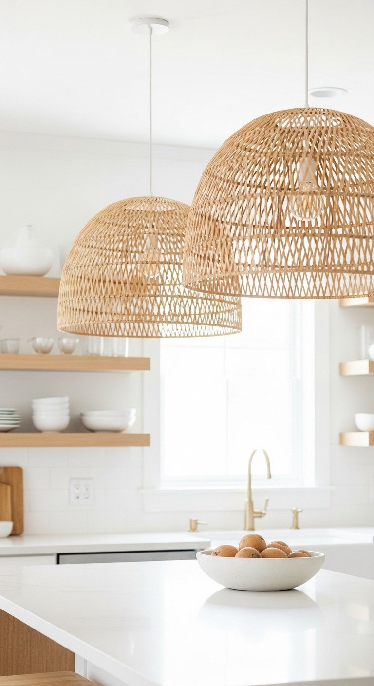 Bright Japandi kitchen with two delicate rattan dome pendants over a white island