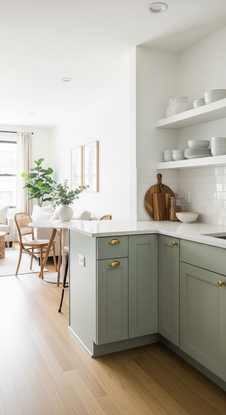 9 Genius Small Kitchen Layouts That Maximize Every Inch 3 Bright L-shaped kitchen with sage green cabinets, white quartz counter, open shelving, and oak floor in apartment.