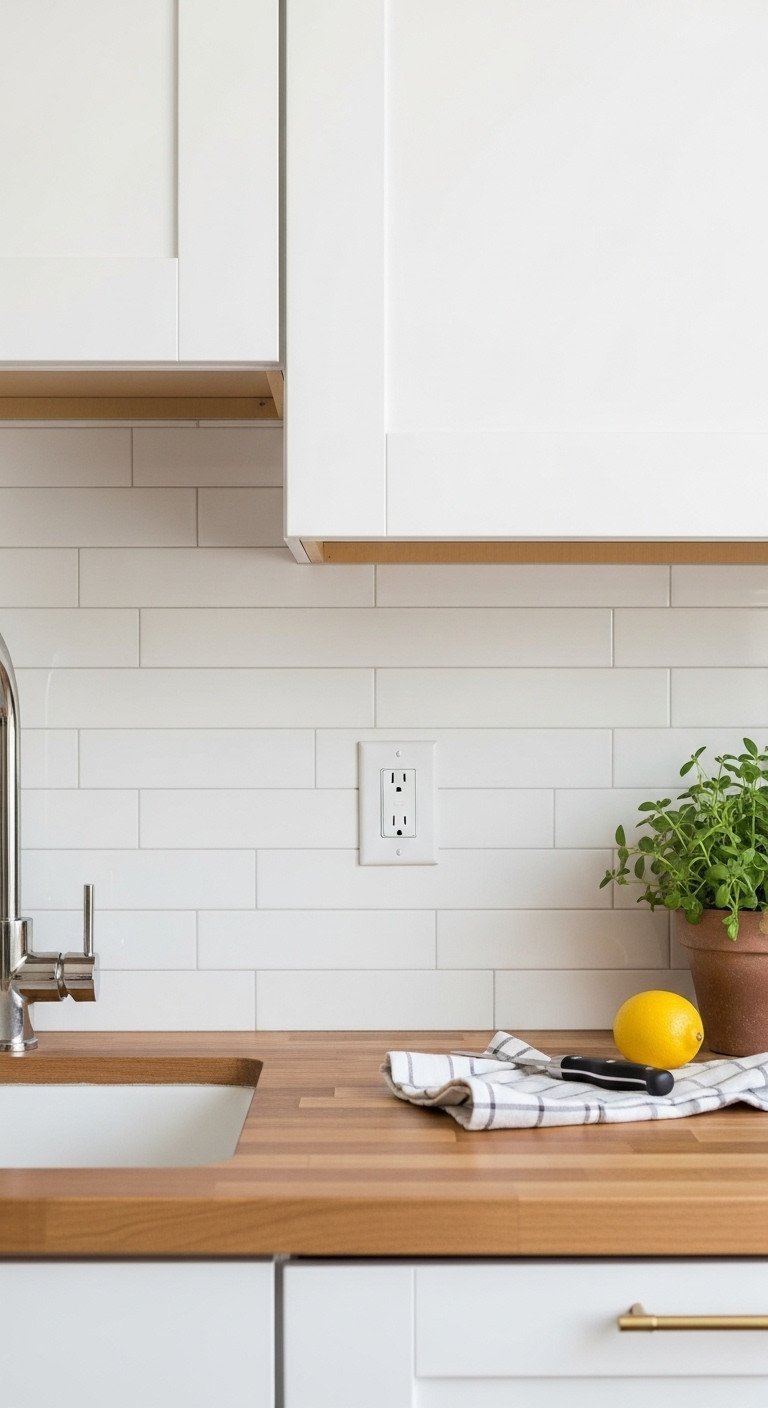 Bright NYC apartment kitchen with new white peel-and-stick subway tile backsplash, butcher block counter, minimalist faucet, green plant.